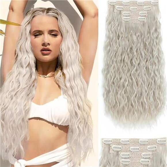 Hair Extensions Clip In 18 Inch Synthetic Silver Platinum - Picture 1 of 5